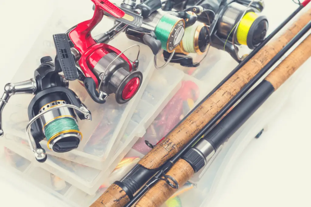 A picture of a fishing rod and a storage box