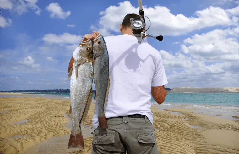 A man carrying fish at the beach
