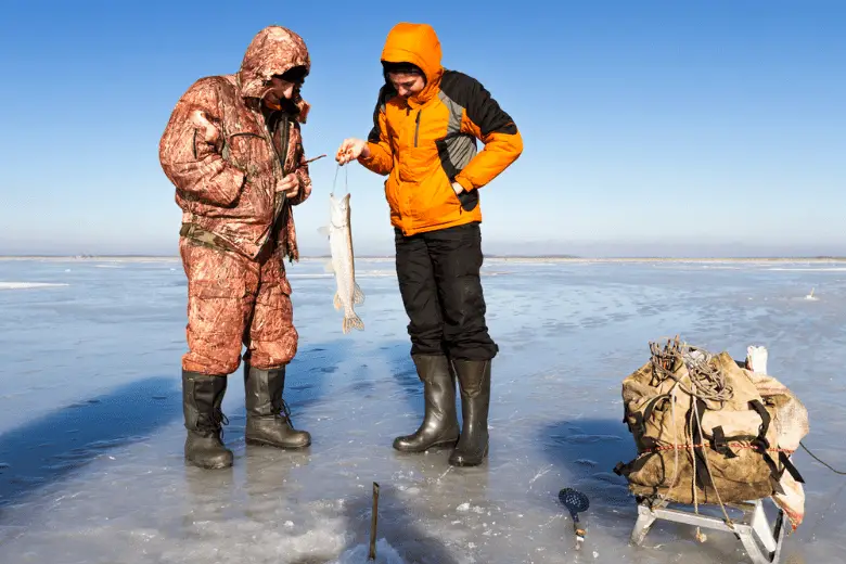 Two people ice fishing