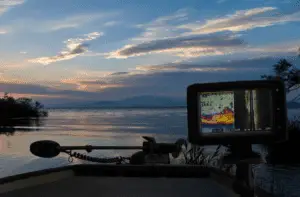 A fishfinder at the front of a boat