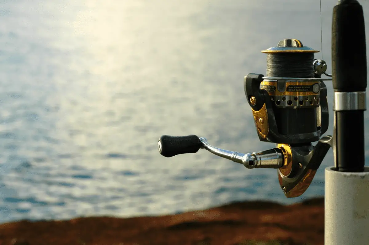 Image of a rod and spinning reel with water in the background