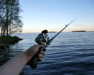 hand holding fishing rod over water