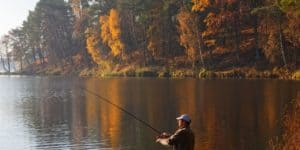 Fisherman catching the fish at sunny autumnal day