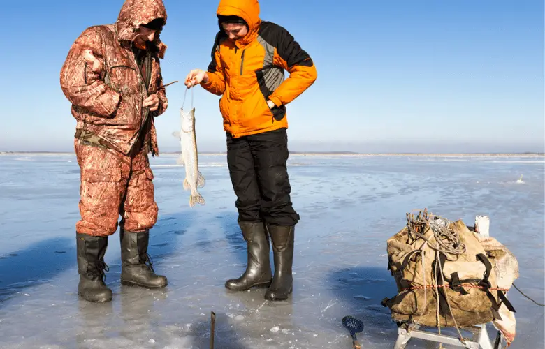 Two men ice fishing