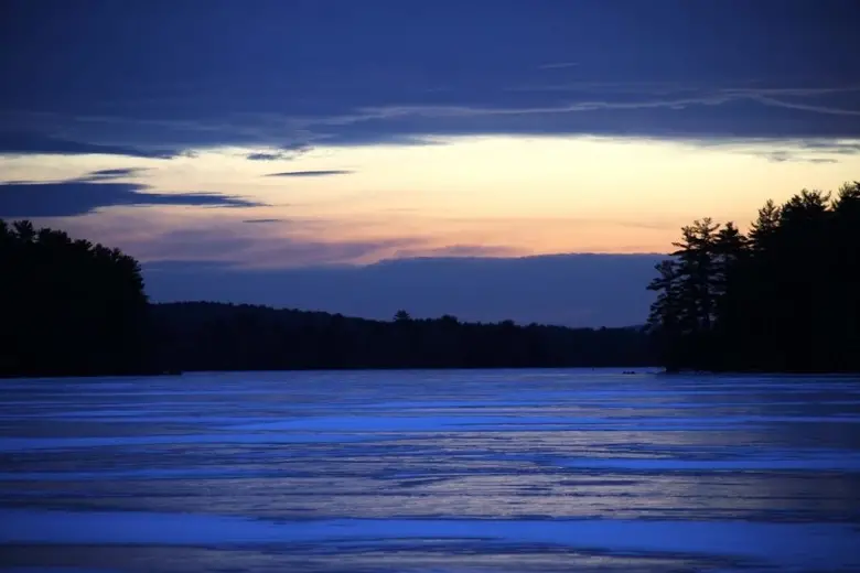 frozen lake at sunset