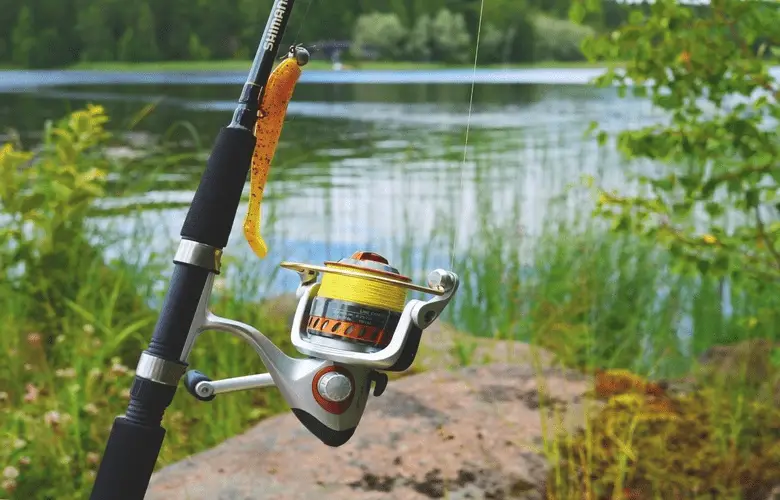 spinning fishing rod left near the river