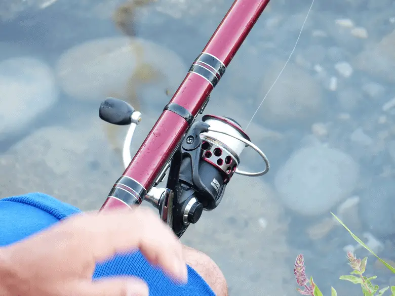 angler holding a fishing rod over a clear lake