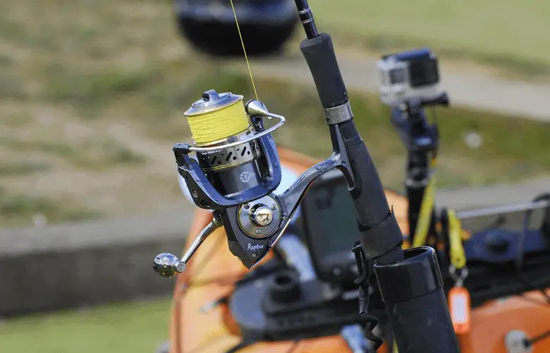 modern fishing reel with a yellow line