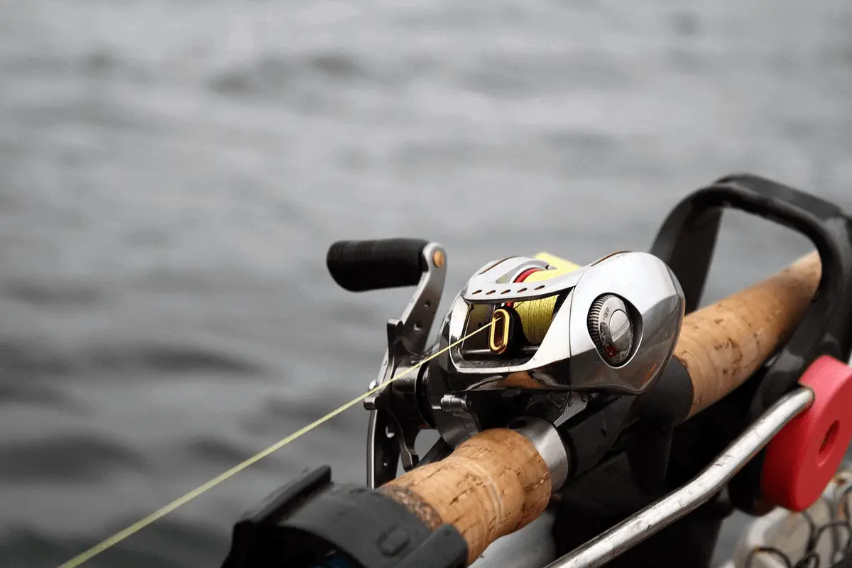 close-up shot of a fishing reel and line