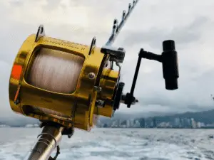close-up of a fishing reel on a cloudy day at sea