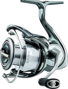 A spinning fishing reel on a white background.